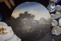 British School, 19th Century, Figures fishing by a pool, oil on board, unsigned. unframed circular