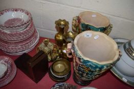 PAIR OF LARGE COMPOSITION VASES WITH ELEPHANT SHAPED HANDLES, PLUS VARIOUS BRASS VASES, ORNAMENTS,