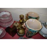 PAIR OF LARGE COMPOSITION VASES WITH ELEPHANT SHAPED HANDLES, PLUS VARIOUS BRASS VASES, ORNAMENTS,