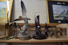 MIXED LOT - NAPLES CAPO DI MONTE MODEL OF A SEAGULL (A/F), PAIR OF BRASS CRANES, PLATED METAL