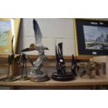 MIXED LOT - NAPLES CAPO DI MONTE MODEL OF A SEAGULL (A/F), PAIR OF BRASS CRANES, PLATED METAL