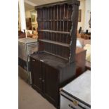 20TH CENTURY DARK STAINED PINE KITCHEN DRESSER, 100CM WIDE