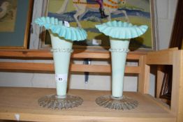 Pair of late 19th century green vaseline jack in the pulpit type vases, 22cm high