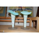 Pair of late 19th century green vaseline jack in the pulpit type vases, 22cm high