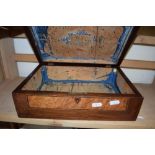 19TH CENTURY HARDWOOD BOX OF HINGED RECTANGULAR FORM, THE LID INLAID WITH DECORATION OF BIRDS ON A