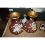 Pair of cloisonne vases with floral decoration together with a further small pair of cloisonne vases