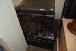 TWO BLACK METAL DEED BOXES