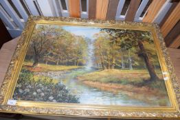 STANLEY DOLLIMORE, STUDY OF A WOODLAND STREAM, OIL ON CANVAS, GILT FRAMED, 87CM WIDE
