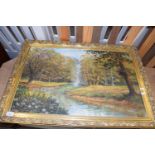 STANLEY DOLLIMORE, STUDY OF A WOODLAND STREAM, OIL ON CANVAS, GILT FRAMED, 87CM WIDE