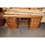 LATE 19TH CENTURY OAK PINE AND INLAID TWIN PEDESTAL EIGHT DRAWER DESK, 137CM WIDE
