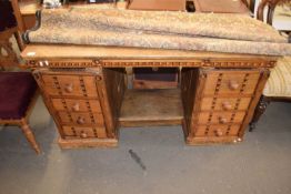 LATE 19TH CENTURY OAK PINE AND INLAID TWIN PEDESTAL EIGHT DRAWER DESK, 137CM WIDE