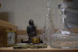 MIXED LOT TO INCLUDE DECANTERS, PAPERWEIGHTS, A REPRODUCTION HMS HASTINGS ORNAMENT AND OTHER ITEMS