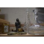 MIXED LOT TO INCLUDE DECANTERS, PAPERWEIGHTS, A REPRODUCTION HMS HASTINGS ORNAMENT AND OTHER ITEMS