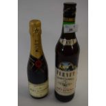 MIXED LOT: HALF BOTTLE MOET AND CHANDON CHAMPAGNE AND 1 BOTTLE FERNET BRANCA (2)