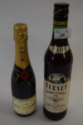 MIXED LOT: HALF BOTTLE MOET AND CHANDON CHAMPAGNE AND 1 BOTTLE FERNET BRANCA (2)