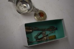 SILVER AND OTHER METAL WARES TO INCLUDE A SMALL HALLMARKED WHISKY DECANTER LABEL, MINIATURE DOG'S