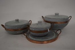 COLLECTION OF SPANISH STONE AND COPPER MOUNTED SERVING DISHES AND ACCOMPANYING STAND