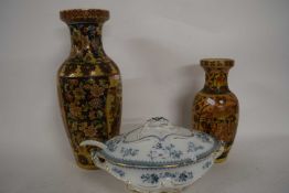 TWO MODERN ORIENTAL VASES TOGETHER WITH A VICTORIAN SOUP TUREEN WITH LADLES