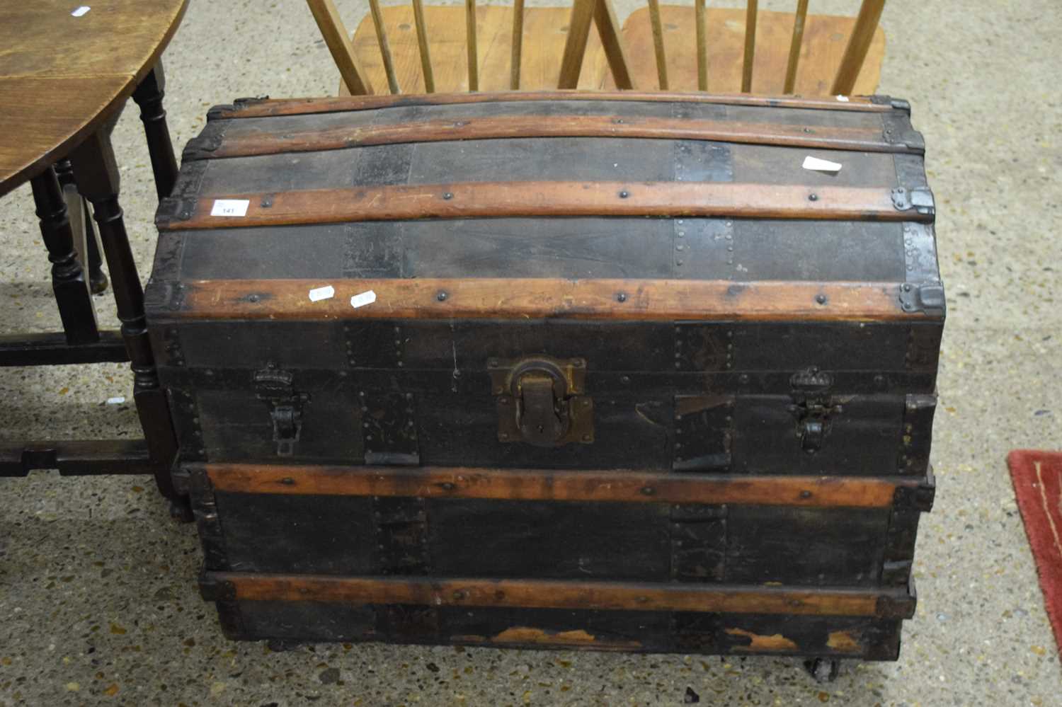 WOOD BOUND AND DOME TOPPED TRUNK, 82CM WIDE