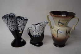 MIXED LOT COMPRISING GERMAN POTTERY DOUBLE HANDLED VASE TOGETHER WITH FURTHER FRENCH MODERN VASE AND