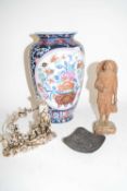 MODERN CHINESE BALUSTER VASE, CARVED WOODEN FIGURE, BASE METAL MODEL OF FIGURES ON A BOAT, AND A
