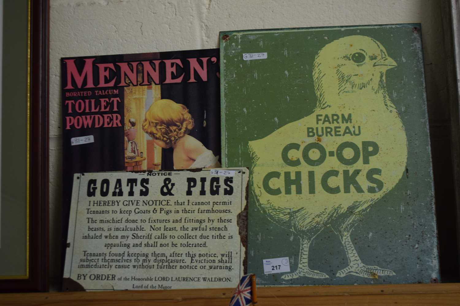 THREE REPRODUCTION METAL SIGNS TO INCLUDE FARM BUREAU CO-OP CHICKS