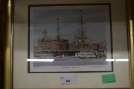COLOURED PRINT, PORTSMOUTH HARBOUR, INDISTINCTLY SIGNED IN PENCIL