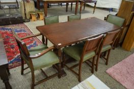 20TH CENTURY OAK REFECTORY STYLE DINING TABLE AND SIX ACCOMPANYING CHAIRS, TABLE 253CM WIDE (7)