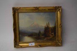 CAMPBELL, (CONTEMPORARY), STUDY OF A LAKE AND MOUNTAIN LANDSCAPE, OIL ON CANVAS, GILT FRAMED