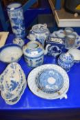QUANTITY OF 19TH CENTURY AND LATER BLUE AND WHITE CERAMICS TO INCLUDE CHINESE TEA KETTLE, FLOWER