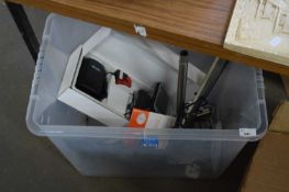 BOX OF MIXED ITEMS TO INCLUDE DESK LAMP, DIGITAL SCALES AND AN EON BUSINESS ENERGY MANAGER