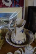 BLUE AND WHITE WASH BOWL AND JUG