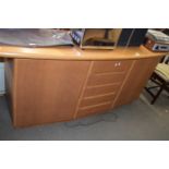 MODERN LIGHT OAK BOW FRONT SIDEBOARD WITH TWO DOORS AND FIVE DRAWERS, 200CM WIDE