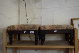 PAIR OF SMALL HARDWOOD FRAMED FOOTSTOOLS BEARING RETAILERS LABEL FOR CHAMBERLAIN, SONS & CO,