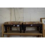 PAIR OF SMALL HARDWOOD FRAMED FOOTSTOOLS BEARING RETAILERS LABEL FOR CHAMBERLAIN, SONS & CO,