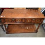 GOOD QUALITY REPRODUCTION OAK TWO-DRAWER TABLE OR DRESSER BASE WITH MITRED DETAIL, 114CM WIDE