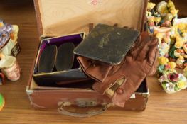 SMALL LEATHER CASE CONTAINING GENTS VANITY SET, VARIOUS BRUSHES, LEATHER GLOVES ETC