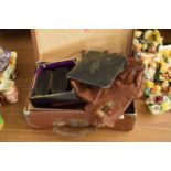 SMALL LEATHER CASE CONTAINING GENTS VANITY SET, VARIOUS BRUSHES, LEATHER GLOVES ETC