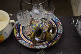 MODERN DECORATIVE CHARGER, PAIR OF BRASS SWANS AND VARIOUS DRINKING GLASSES