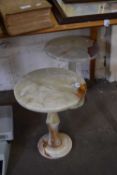 PAIR OF SMALL POLISHED ONYX PEDESTAL TABLES, 42CM HIGH