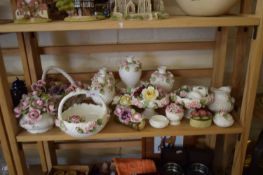 VARIOUS FLORAL ENCRUSTED VASES, BOWLS AND ORNAMENTS
