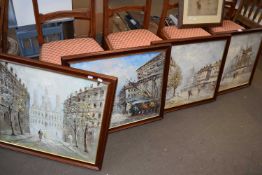 SET OF FOUR CONTEMPORARY CONTINENTAL OIL ON CANVAS STUDIES - STREET SCENES, IN HARDWOOD FRAMES