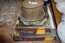 TWO BOXED CARMEN GLASS DISHES AND A SILVER PLATED BISCUIT BARREL