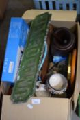 ONE BOX OF CERAMICS, WALL CLOCK, ROAD SIGN MARKED 'UNADOPTED' AND OTHER ITEMS