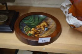 SMALL HARDWOOD FRAMED PORCELAIN DISH DECORATED WITH THREE PUPPIES