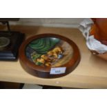 SMALL HARDWOOD FRAMED PORCELAIN DISH DECORATED WITH THREE PUPPIES