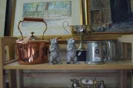 MIXED LOT COMPRISING A COPPER KETTLE, SILVER PLATED TROPHIES, TWO PEWTER TANKARDS AND TWO CAST METAL