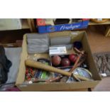 BOX OF MIXED ITEMS TO INCLUDE CRICKET BALLS, NOKIA MOBILE PHONES, ETC