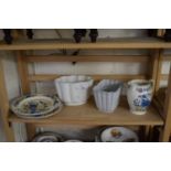 MASON'S REGENCY PATTERN JUG, PLATE AND BOWL TOGETHER WITH TWO CERAMIC JELLY MOULDS