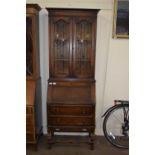 EARLY 20TH CENTURY OAK BUREAU BOOKCASE CABINET WITH LEAD GLAZED TOP SECTION